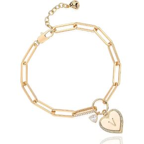 Gold Charm Initial Bracelets for Women, 14K Gold Plated Dainty Heart Bracelet for Women Teen Girls, Best Friend Sister Paperclip Chain Love Ankle Bracelet, Pulseras de Mujer