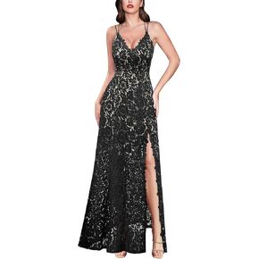 VFSHOW Womens Sexy V Neck Floral Lace Formal Prom High Slit Maxi Dress 2023 Spaghetti Strap Wedding Guest Evening Long Gown
