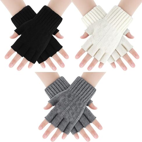 3 Pairs Unisex Fingerless Knit Gloves Soft Warm Unisex Fingerless Gloves Half Finger Stretchy Gloves with Finger Holes for Women Men, Black Grey and White, Black, Gray and White, One size in Kuwait