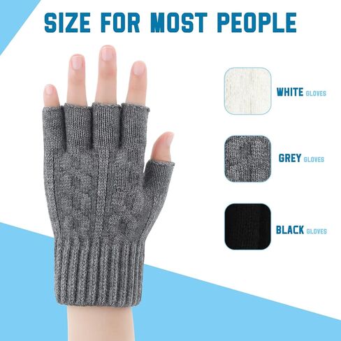 3 Pairs Unisex Fingerless Knit Gloves Soft Warm Unisex Fingerless Gloves Half Finger Stretchy Gloves with Finger Holes for Women Men, Black Grey and White, Black, Gray and White, One size in Kuwait