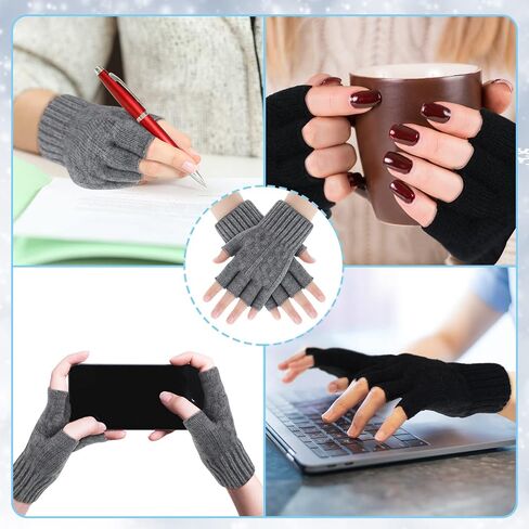 3 Pairs Unisex Fingerless Knit Gloves Soft Warm Unisex Fingerless Gloves Half Finger Stretchy Gloves with Finger Holes for Women Men, Black Grey and White, Black, Gray and White, One size in Kuwait