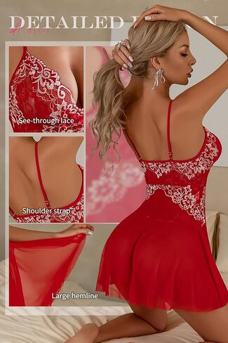 ADSEXY مجموعة الملابس الداخلية للنساء مثير الدانتيل بيبي دول صغير شير الأزهار الخامس الرقبة قميص انظر من خلال ثوب النوم إهمال المشاغب in Kuwait