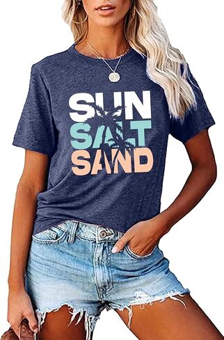 Sun Salt Sand Beach Tshirt for Women Summer Coconut Tree Graphic Casual Short Sleeve Loose Fit Tee Blouses in Saudi Arabia