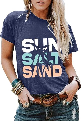 Sun Salt Sand Beach Tshirt for Women Summer Coconut Tree Graphic Casual Short Sleeve Loose Fit Tee Blouses in Saudi Arabia