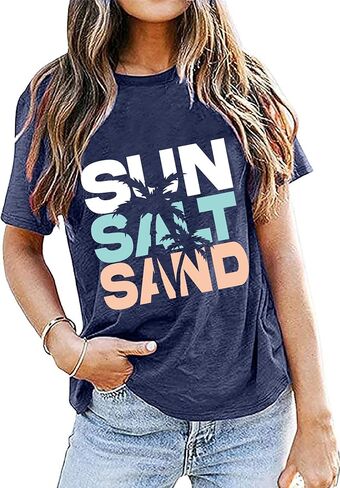Sun Salt Sand Beach Tshirt for Women Summer Coconut Tree Graphic Casual Short Sleeve Loose Fit Tee Blouses in Saudi Arabia