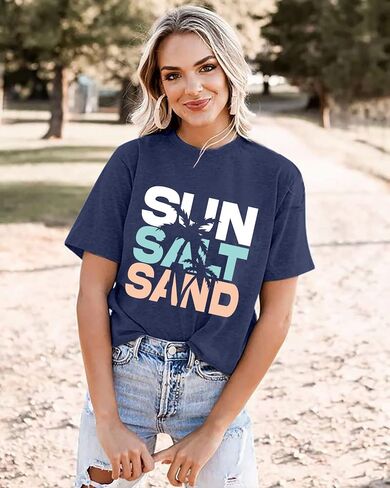 Sun Salt Sand Beach Tshirt for Women Summer Coconut Tree Graphic Casual Short Sleeve Loose Fit Tee Blouses in Saudi Arabia