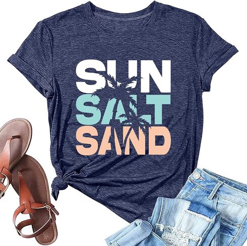 Sun Salt Sand Beach Tshirt for Women Summer Coconut Tree Graphic Casual Short Sleeve Loose Fit Tee Blouses in Saudi Arabia