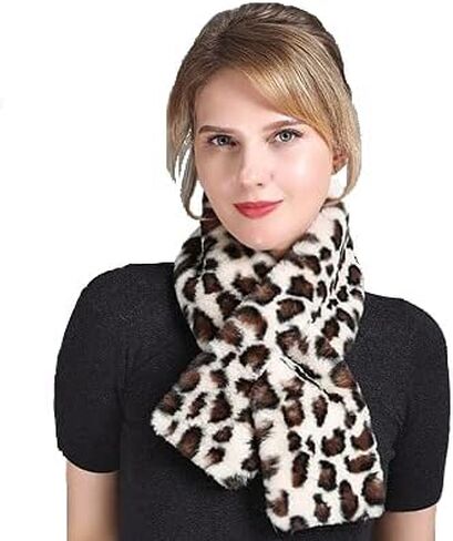 Jovono Women's Winter Fake Faux Fur Scarf Collar Leopard Plush Shawl Neck Warmer in Kuwait