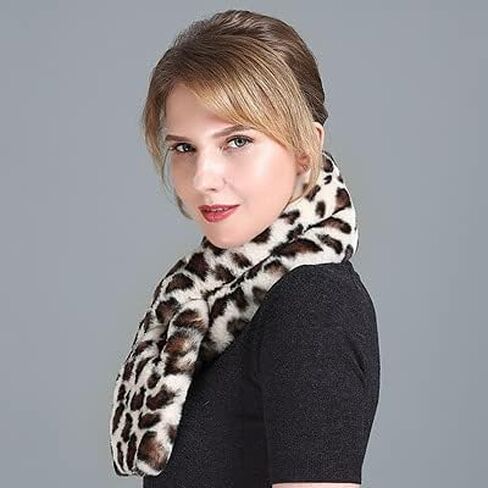 Jovono Women's Winter Fake Faux Fur Scarf Collar Leopard Plush Shawl Neck Warmer in Kuwait