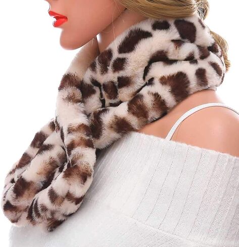 Jovono Women's Winter Fake Faux Fur Scarf Collar Leopard Plush Shawl Neck Warmer in Kuwait