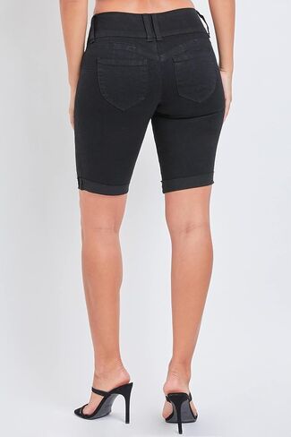 YMI Women's Junior Wannabettabutt Cuffed Rise Bermuda Mid Length Denim Shorts in Saudi Arabia