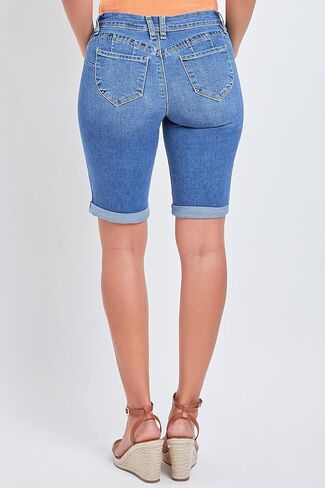 YMI Women's Junior Wannabettabutt Cuffed Rise Bermuda Mid Length Denim Shorts in Saudi Arabia