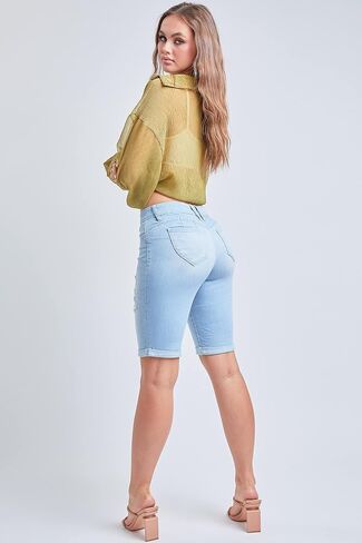 YMI Women's Junior Wannabettabutt Cuffed Rise Bermuda Mid Length Denim Shorts in Saudi Arabia
