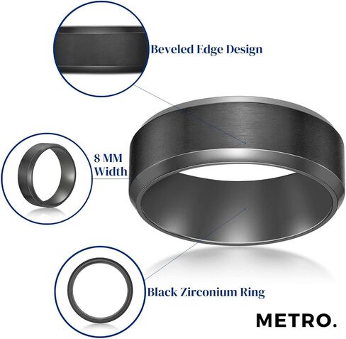 Metro Jewelry Black Zirconium or Stainless Steel Classic Beveled Edge Band Ring for Men - 8 MM Wide Ring - Anniversary Ring Size 7 to 12 in Saudi Arabia