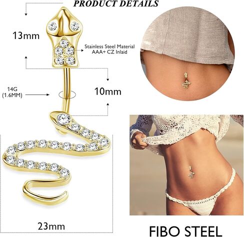 FIBO STEEL 7 قطع 14 جرام حلقات زر البطن للنساء حلقات السرة من الفولاذ الجراحي متدلية تشيكوسلوفاكيا عين الشر ثعبان زهرة ثقب الجسم الحديد in Saudi Arabia