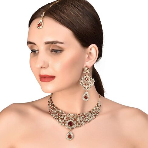 Touchstone Indian Hollywood maroon white classic wedding wear jewelry necklace set in antique gold tone in Saudi Arabia