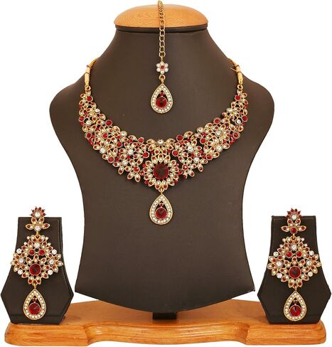 Touchstone Indian Hollywood maroon white classic wedding wear jewelry necklace set in antique gold tone in Saudi Arabia