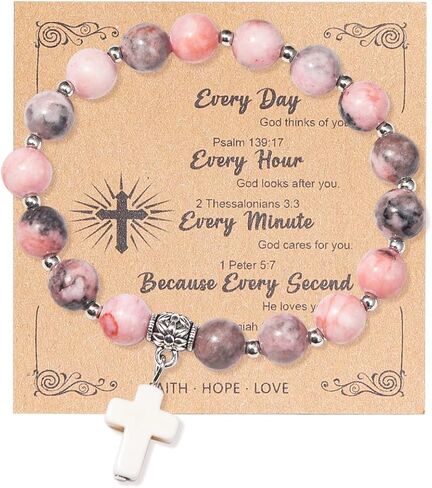 الهدايا المسيحية للنساء، الرجال الصليب الخرز تمتد سوار الهدايا المجوهرات الدينية الكاثوليكية شفاء الحجر الطبيعي الوردي زيبرا سوار للنساء العرابة الفتيات في سن المراهقة، هدايا عيد الأم، هدايا عيد الميلاد، هدايا مجوهرات عيد الفصح، هدايا ملهمة in Kuwait