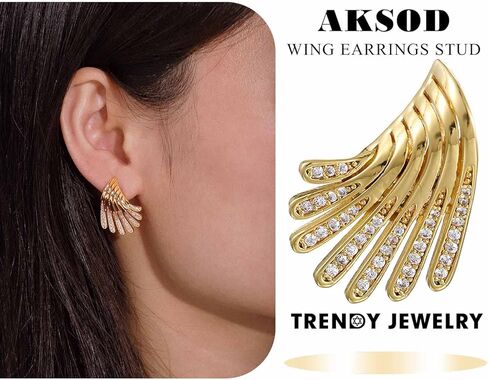 Aksod Gold Wing Earrings Stud Irregular Angel Wing Crystal Earrings Glitter Rhinestone Ear Pin Retro Trendy Jewelry for Women and Girls, Zinc, No Gemstone in Kuwait