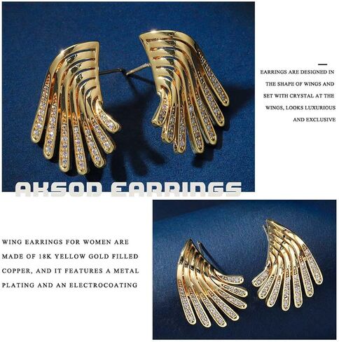 Aksod Gold Wing Earrings Stud Irregular Angel Wing Crystal Earrings Glitter Rhinestone Ear Pin Retro Trendy Jewelry for Women and Girls, Zinc, No Gemstone in Kuwait