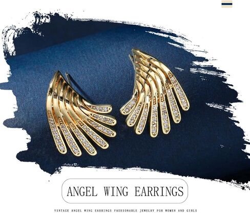 Aksod Gold Wing Earrings Stud Irregular Angel Wing Crystal Earrings Glitter Rhinestone Ear Pin Retro Trendy Jewelry for Women and Girls, Zinc, No Gemstone in Kuwait