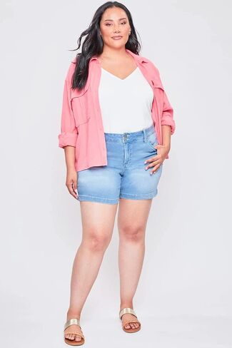 Royalty For Me Womens High Rise Plus Size Essential 2-Button Side Slit Hem Shorts, Midnight Sky Blue Rips, 22W in Saudi Arabia