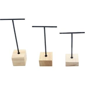 3pcs Black Metal T-Bar Wood Jewlery Display Stand with Square Wooden Base Earring Jewelry Hanging Holder in Kuwait