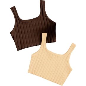 SHENHE Girl's 2 Piece Sleeveless Scoop Neck Ribbed Lettuce Trim Tank Crop Tops