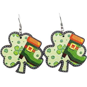 St. Patrick's Day Irish Shamrock Hat Shape Wooden Dangle Earrings Dainty Green Leaf Wood Earrings for Women Girls Jewelry