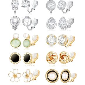 Akeoqi 10 أزواج كليب على الأقراط فراشة زهرة جولة مربع زركونيا مقلد المياه العذبة اللؤلؤ تويست عقدة دمعة غير مثقوب كليب عشيق مجموعات للنساء الفضة الذهب لهجة in Kuwait