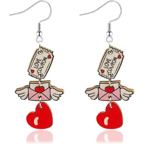 Valentines Day Dangle Earrings for Women Girls Pink Red LOVE Heart Balloon Milk Tea Dangling Drop Earrings Valentine’s Day Wooden Painted Earrings for Valentine’s Day Gifts in Saudi Arabia