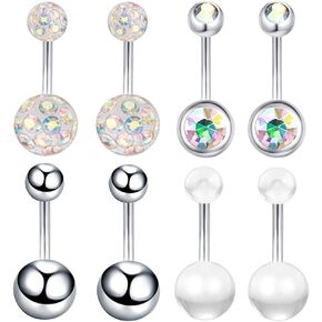 Heuvipens 8pc Surgical Steel Navel Piercing Coated CZ Crystal Ball Short Belly Button Ring Barbell Body Jewelry Set in Kuwait