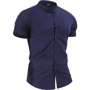 TURETRENDY Men's Muscle Dress Shirts Banded Collar Short Sleeve Casual Button Down Shirt