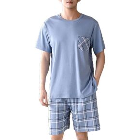 UAZNegozio Men's Cotton Short Sleeve Pajamas Sleepwear Adult Casual Shorts & Shirt PJ Set Summer Tee