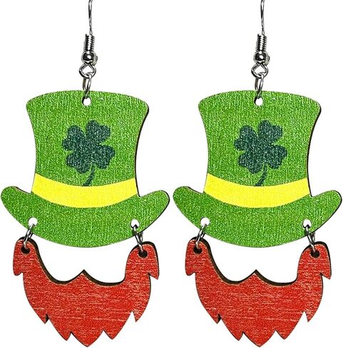 St. Patrick's Day Irish Shamrock Hat Shape Wooden Dangle Earrings Dainty Green Leaf Wood Earrings for Women Girls Jewelry in Kuwait