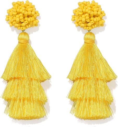 Layered Tassel Earring Bohemian Lightweight Colorful Tiered Thread long Fringe Tassel Drop Dangle Beaded Statement Stud Earring Women Gifts in Kuwait