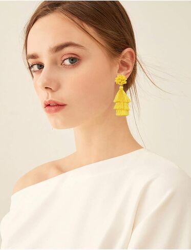 Layered Tassel Earring Bohemian Lightweight Colorful Tiered Thread long Fringe Tassel Drop Dangle Beaded Statement Stud Earring Women Gifts in Kuwait