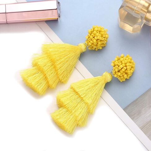 Layered Tassel Earring Bohemian Lightweight Colorful Tiered Thread long Fringe Tassel Drop Dangle Beaded Statement Stud Earring Women Gifts in Kuwait
