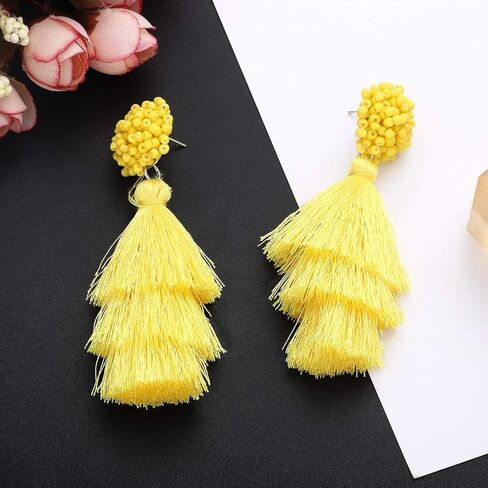 Layered Tassel Earring Bohemian Lightweight Colorful Tiered Thread long Fringe Tassel Drop Dangle Beaded Statement Stud Earring Women Gifts in Kuwait