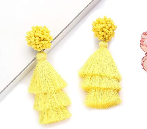 Layered Tassel Earring Bohemian Lightweight Colorful Tiered Thread long Fringe Tassel Drop Dangle Beaded Statement Stud Earring Women Gifts in Kuwait