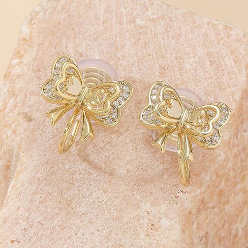 Bow Fake Hoop Clip on Cartilage Earrings for Women Gold Cute Ribbon Charm Bowknot Earring No-Piercing Cubic Zirconia Unique Birthday Party Jewelry Christmas Gifts for Girls Engagement Girlfriend in Saudi Arabia