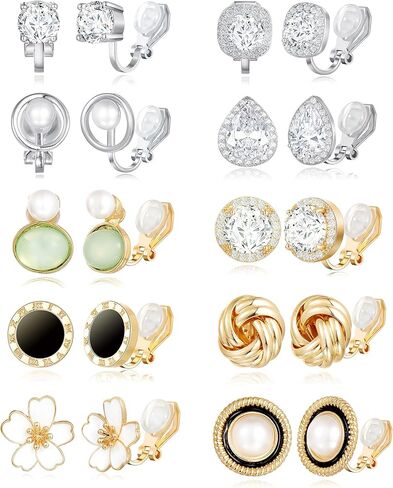 Akeoqi 10 أزواج كليب على الأقراط فراشة زهرة جولة مربع زركونيا مقلد المياه العذبة اللؤلؤ تويست عقدة دمعة غير مثقوب كليب عشيق مجموعات للنساء الفضة الذهب لهجة in Kuwait