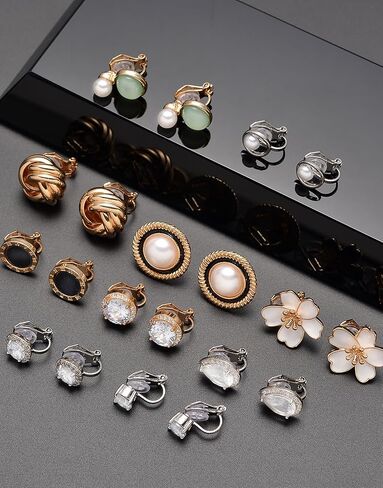 Akeoqi 10 أزواج كليب على الأقراط فراشة زهرة جولة مربع زركونيا مقلد المياه العذبة اللؤلؤ تويست عقدة دمعة غير مثقوب كليب عشيق مجموعات للنساء الفضة الذهب لهجة in Kuwait