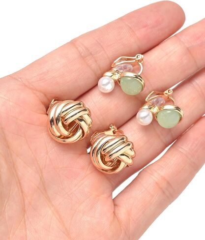 Akeoqi 10 أزواج كليب على الأقراط فراشة زهرة جولة مربع زركونيا مقلد المياه العذبة اللؤلؤ تويست عقدة دمعة غير مثقوب كليب عشيق مجموعات للنساء الفضة الذهب لهجة in Kuwait