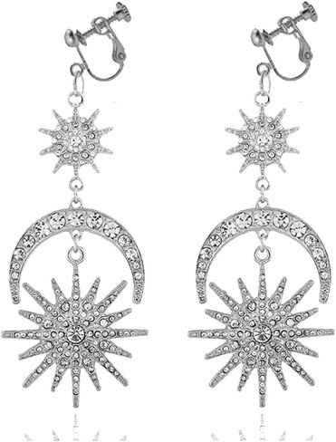 Exaggerated Luxury Sun Moon Stars Clip on Earrings No Pierced Rhinestone Punk Golden Earrings for Women Girls in Kuwait