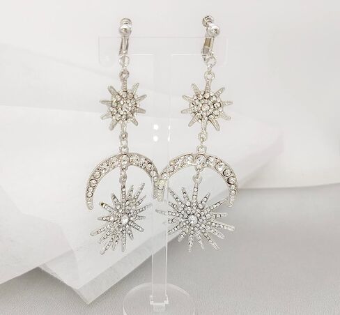 Exaggerated Luxury Sun Moon Stars Clip on Earrings No Pierced Rhinestone Punk Golden Earrings for Women Girls in Kuwait