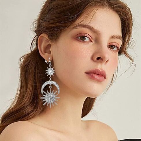 Exaggerated Luxury Sun Moon Stars Clip on Earrings No Pierced Rhinestone Punk Golden Earrings for Women Girls in Kuwait