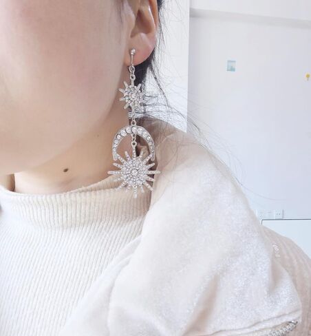 Exaggerated Luxury Sun Moon Stars Clip on Earrings No Pierced Rhinestone Punk Golden Earrings for Women Girls in Kuwait