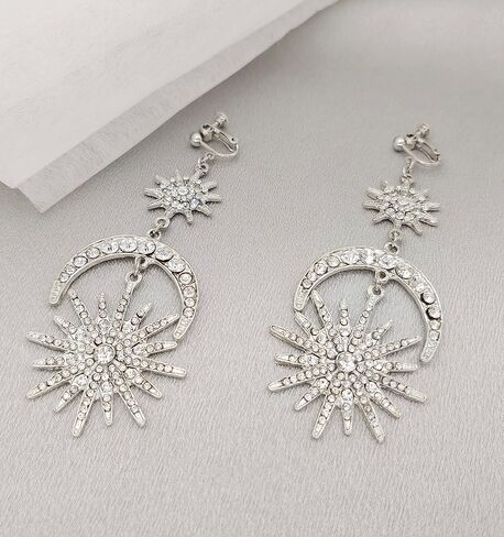 Exaggerated Luxury Sun Moon Stars Clip on Earrings No Pierced Rhinestone Punk Golden Earrings for Women Girls in Kuwait