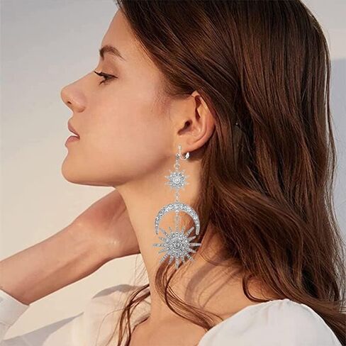 Exaggerated Luxury Sun Moon Stars Clip on Earrings No Pierced Rhinestone Punk Golden Earrings for Women Girls in Kuwait